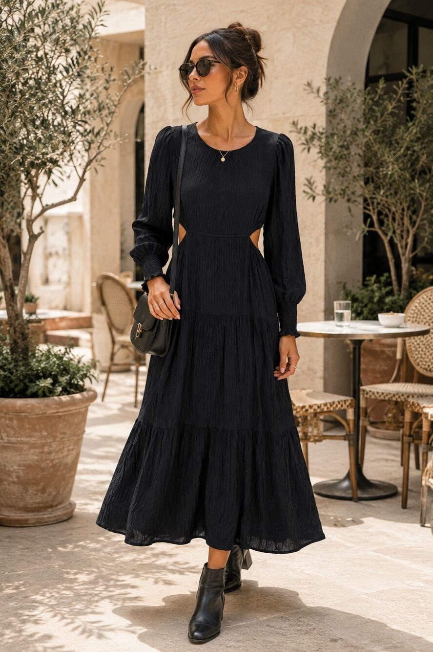 Mittoshop Black Cutout Midi Dress Small Long Sleeve Tiered Boho Cottagecore